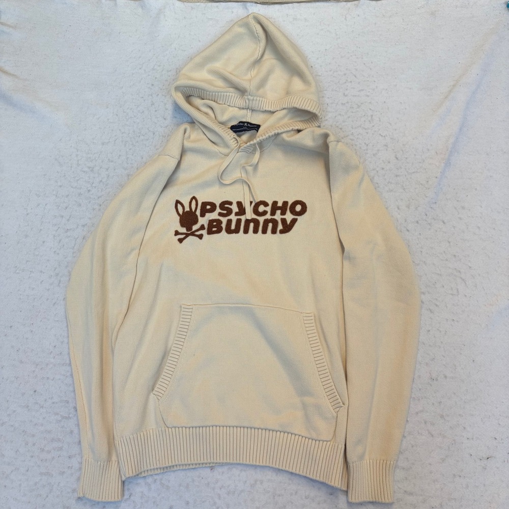 Psycho Bunny Knit Hoodie Mens Size M Cream Brown Graphic Logo Pullover